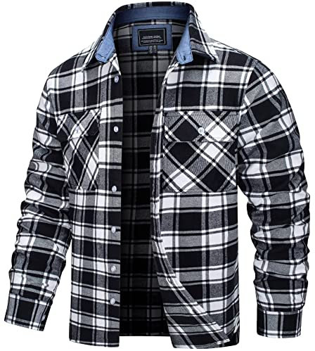 TACVASEN Checked Shirt Mens Long Sleeve Flannel Shirts Casual Button Down Shirts Cotton Regular Fit Shirts Work Plaid Shirt Black,2XL