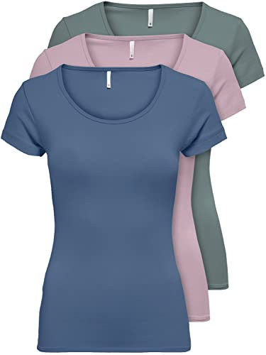 ONLY 15209153 - Confezione da 3 magliette da donna a maniche corte basic, essenziali, estive, nero o bianco, Mix 5 colori., L
