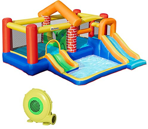 Outsunny Castillo Hinchable con 2 Toboganes 2 Camas de Salto y Piscina para Niños +3 Años Incluye Inflador y Bolsa de Transporte para Interior Exterior 380x370x230 cm Multicolor