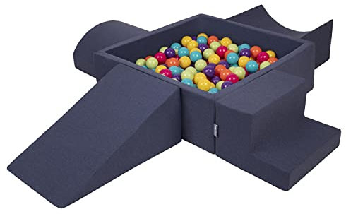 KiddyMoon Spielplatz Aus Schaumstoff Mit Quadrat Bällebad (200 Bälle) Ballgruben Für Babys Spielbad Hindernisläufen, Hergestellt In Der EU, Dunkelblau:Helgrün/Gelb/Türkis/Orange/Dpink/Violet