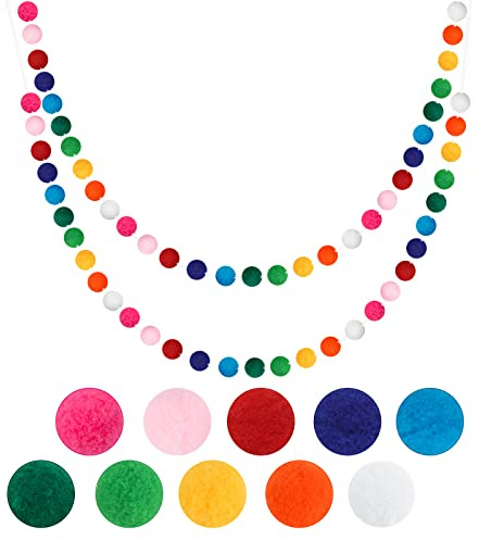 G2PLUS 2PCS Pre-strung Felt Pom Pom Garland, Nursery Decor with 60 Balls, Perfect for Bedroom, Classroom, Birthday Parties