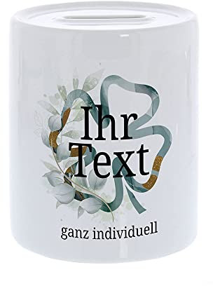 stempel-fabrik – personalisierbare Spardose mit Wunschtext – Aquarell Motiv Kleeblatt – individuelles Geldgeschenk für Erwachsene und Kinder – perfekte Geschenkidee für jeden Anlass