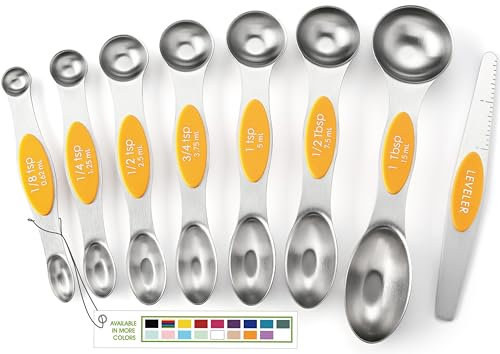 Spring Chef Magnetische Messlöffel aus Edelstahl, 8 Stück, mit Nivellierer, zweiseitiger Metall-Teelöffel & Esslöffel, Küchenhelfer zum Backen und Kochen, passt in Gewürzgläser - Mango