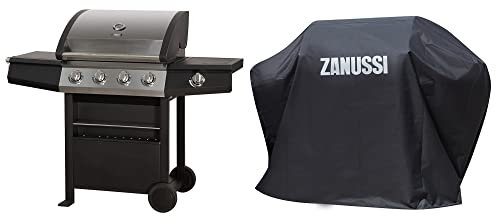 Zanussi ZGBBQ4B01-C 4 Burner Gas Barbecue with BBQ Cover, Automatic Ignition & Integrated Thermometer, Black & Stainless Steel, Gas BBQ, 2 Wheels Fitted Rack with 1 Side Shelf