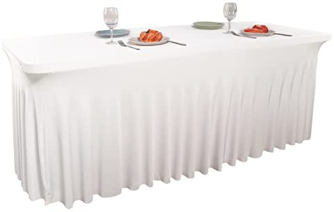Dololoo Spandex Table Skirts 6ft for Rectangle Table, Table Cover for 6ft Table with Skirt, Fitted Rectangular Stretchable Table cloth for Wedding Party Exhibitions Cocktail Bar Patio Craft- White