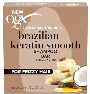 OGX Brazilian Keratin Festes Shampoo (80g), seifenfreie Haarpflege mit Sheabutter & Kokosöl für lockiges Haar mit 79% natürlichen Inhaltsstoffen