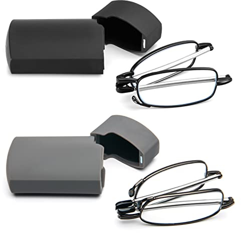 KoKoBin Faltbare 2 Paare Lesebrille aus Edelstahl Mini Anti-Blau Sehnhilfe für Damen und Herren Lesehilfe mit Hartschalen-Etui 2.0