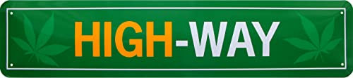 WOGEKA ART Retro Blechschild - HIGH-WAY - lustiger Spruch als Geschenkidee für Kiffer zu Geburtstag Weihnachten Deko Schild 46x10 cm Vintage Straßenschild Metallschild STR269