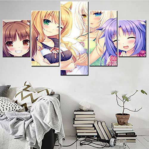 VEYEBZ 5 Stück Gerahmte Leinwand Malerei Kunst Abstrakte Modulare Poster 150×80Cm, Anime Nekopara Mädchen Gruppe Familie Schlafzimmer Wohnzimmer Dekor Möbel Hd Wandbild Drucken Geschenk