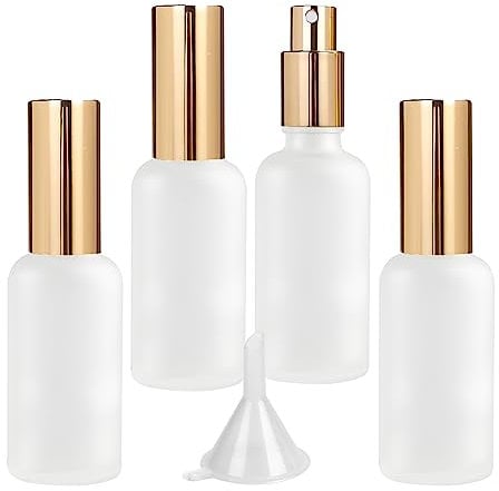 LusDoly Pack of 4, Empty 50ml Frosted Transparent Glass Fine Mist Atomiser Bottles with Gold Sprayer Water Spray Bottles Perfume, Aromatherapy, Cosmetic Travel Containers 2x Funnel