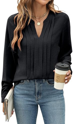 Blooming Jelly Womens Long Sleeve Tops Ladies Blouses V Neck Pleated Shirts Autumn Clothing Black XL