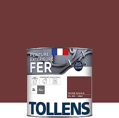 Tollens - Peinture extérieure fer 2 en 1 - Ultra Résistante - Protection antirouille - Laque Riche en Résine - Sans Sous-Couche - Entretien Facile - Brillant - Rouge Basque - 2L = 32m2