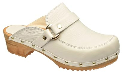 Sanita Lillen offener Clog | Original handgemacht | Leder-Holzclogs für Damen | Nachhaltige Sohle | Weiß | 40 EU