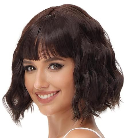 Luxiremi Perücken Braun Kurze Schulter Länge Lockig Gewellt Perücke Bob mit Pony Synthetische Cosplay Perücke für Damen