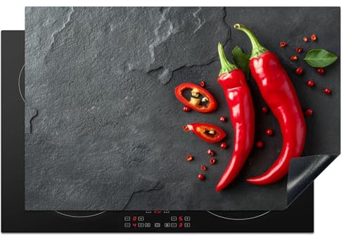 KitchenYeah© Herdabdeckplatte 80x52 cm Einteilig Ceranfeld Abdeckplatte für Induktionsschutz Ceranfeldabdeckung Vinyl Herdabdeckplatten Chilischoten - Beton - Paprika - Gemüse