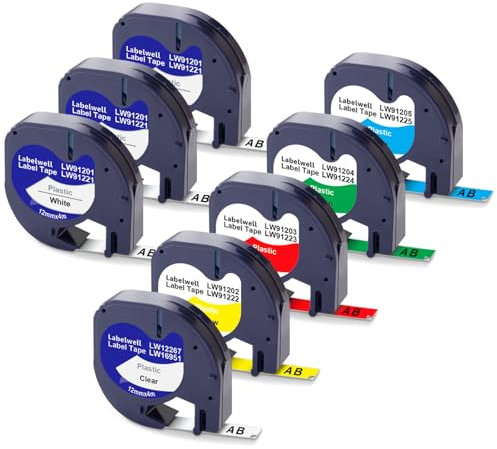 Labelwell 8x Kompatible für Dynmo Etikettenband Kompatible für Dynmo 200B XR 80 LT-100H LT-110T LT-100T QX50 XM 2000 für Schriftband 12mm x 4m 91221 16951 91222 91233 91224 91225