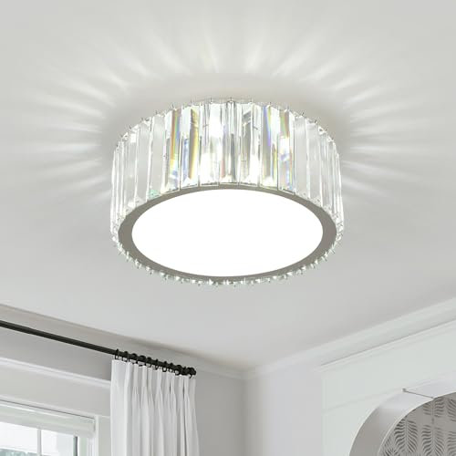 FORCOSO Kristall Deckenleuchte 4 Flammig ø30cm, Kronleuchter Chrom mit Metall Rund Rahmen Lampenschirm, Sockel G9 Deckenlampe, Moderne Ceiling Light Lampe für Schlafzimmer Wohnzimmer Küche Flur