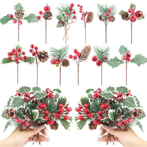 Songjum 36 PCS Artificial Christmas Pine Picks Christmas Berries Artificial Stem with Pinecones Apples Bells Christmas Flower Picks for Christmas Tree Wreath Arrangement Winter Holiday Decor