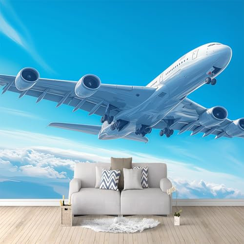 Papier Peint Mural 3D Avion D'Aviation Bleu 200x140 cm Papier Peint Panoramique Poster Tapisserie Photo, Papier Peint intissé pour Chambre Salon Personnalisé Murale Décoration