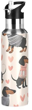 Botella de agua con diseño de perro salchicha con tapa con pajilla, termo de acero inoxidable aislado para niños y niñas, gimnasio, deportes, 600 ml