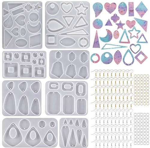 Cayway Ohrringe Resin Silikonform, 8 Stück Gießform für Epoxidharz Schmuck, Formen mit Ohrhaken für Harz, Ohrring Handwerk DIY