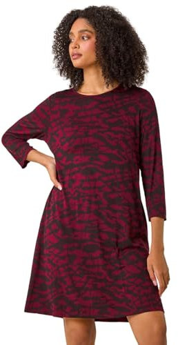Roman Originals Tunic Dress with Pockets for Women UK Ladies Swing Fit & Flare Skater Slouch Stretchy Casual Smart Winter Jersey Pull On Work Office 3/4 Long Sleeves - Wine & Noir - Size 14