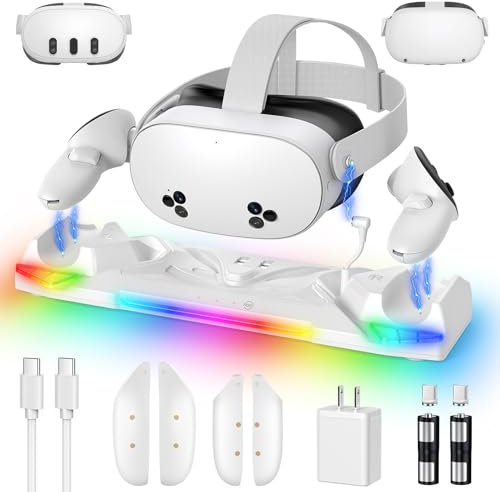 Charging Dock for Meta Quest 3S/3/2, 30W Fast Charging Station for Oculus Quest 3S/3 Accessories with 11 Colors Light, Magnetic Charger Stand for Headset/Controller with 2 Rechargeable Battery