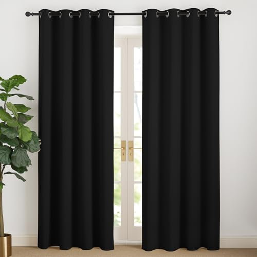 NICETOWN Schwarze Vorhänge Blickdicht Gardinen 220 cm Lang Kälteschutzvorhang Verdunkelungsvorhang Ösen Vorhang Wohnzimmer Modern Übergardinen Ösengardinen 2er Set, H220 x B140 cm