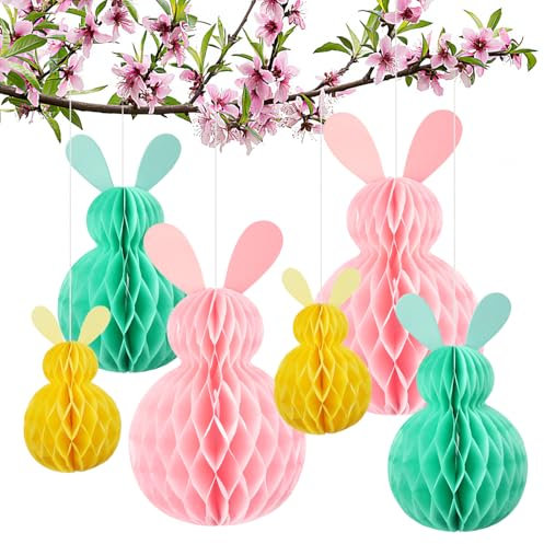 Deepton 6 Pcs Easter Honeycomb Decorations, Easter Hanging Decorations, Easter Bunny Decorations, Paper Rabbit Honeycomb Ball, Easter Decorations for Easter Party Table Decor (Pink, Blue, Yellow)