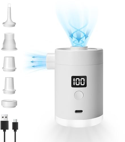 Portable Air Pump for Inflatables: 4000mAh Type-C Rechargeable Battery Powered Ultra-Mini Electric Air Pumps with 5 Nozzles & Camping Light for Air Mattress Air Bed Pool Floats Raft (White)