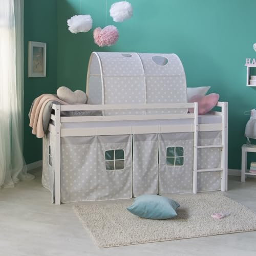 Homestyle4u Hochbett 90x200 Vorhang Tunnel Kiefer Massivholz Weiß Lattenrost Matratze Kinderbett Rausfallsicherung