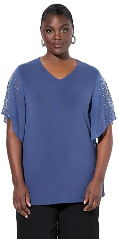 Ulla Popken Damen große Größen Übergrößen Plus Size Tunika, Glitzersteinchen, A-Linie, V-Ausschnitt, 3/4-Arm atlantikblau 46+ 804684722-46+