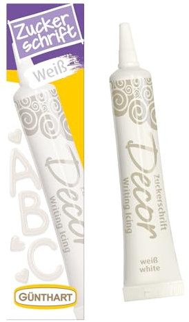 Günthart BackDecor 25 gr Zuckerschrift CREMEWEISS für jegliche Süßspeisen - essbare Dekoschrift für edle Anlässe, 1er Pack (25 gr)