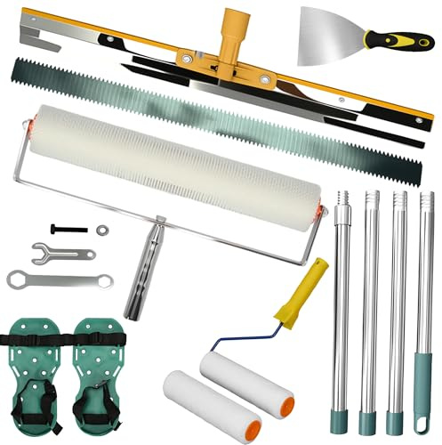 aleawol Self-Levelling Cement Tool Kit with 160cm Extension Pole | 500MM Spiked Roller Self Leveling, 22 inch Stainless Steel Scraper Self-Leveling Rake, Paint Roller, Spiked Shoes