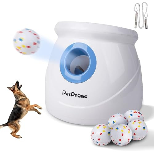Pet Prime Upgrade Groß Automatischer Ballwerfer für Hunde, interaktives Ballwurfmaschine für große Hunde mit Reichweite von 3 bis 20 Metern, mit 6X 6,35cm ETPU-Bällen und Trainingspfeife