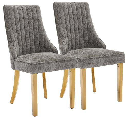 SEEDWAVE Esszimmerstühle 2er Set mit Chenille-Bezug, moderner Küchenstuhl mit geschwungenen Metallfüße und verstellbaren Fußpads, für Esszimmer, Küche und Schlafzimmer (Grau)