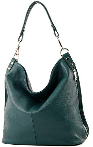 modamoda de - T177 - ital. Damen Schultertasche aus Leder, Farbe:Petrol