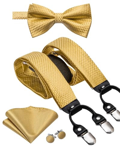 Dubulle Herren Clips Hosenträger und vorgebundene Fliege Set mit Einstecktuch Y-Form verstellbare Hosenträger, A-Gold