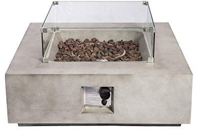 Teamson Home Outdoor Garden Concrete Propane Gas Fire Pit Table Burner, Smokeless Firepit, Patio Furniture Heater with Glass Screen, Lava Rocks, Cover