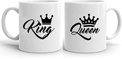 King Queen 1- Tassen Kaffeetassen 2er Set Hochzeitsgeschenk Kaffeebecher Set, Hochzeit Valentinstag Pärchen Ehepaar Freunde, Farbe:Weiß
