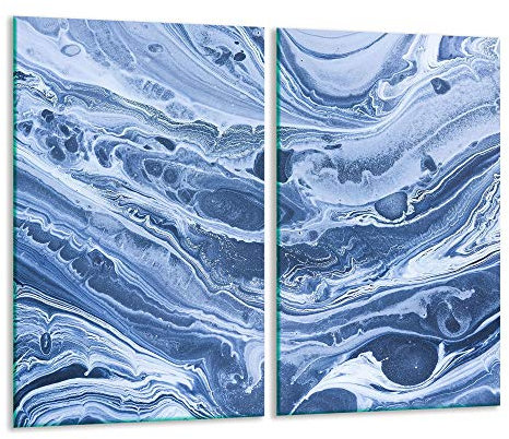 TMK | Herdabdeckplatten 2 Teilig 2x30x52 cm Ceranfeldabdeckung Küche Elektroherd Induktion Herdschutz Spritzschutz Glasplatte Schneidebrett Blau Marmor