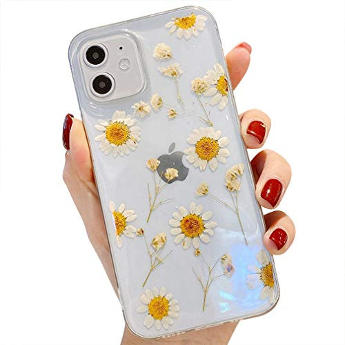 Tybiky Handyhülle iPhone 12 Mini hülle Echte Blumen weiche Silikonhülle mit handgefertigten getrockneten Blumen, Transparente Ultra-dünne unsterbliche für iPhone 12 Mini., Schräge Weiß Daisy