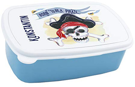 GRAZDesign Brotdose Kinder personalisiert, Lunchbox Kindergarten und Schule, Brotbox mit Unterteilung, Name und Pirat, Geschenk zu Einschulung, Blau