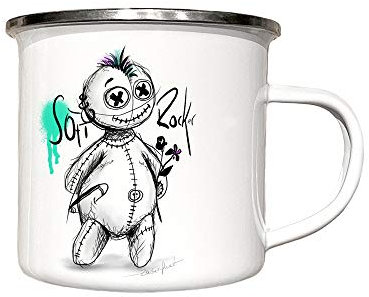 zAcheR-fineT-design Emaille Tasse weiß Lustig - SOFTROCKER Voodoo Puppe - Harte Schale weicher Kern - für Kinder Mann Frau Freund Freundin - Campingbecher - Emaillebecher Metall - Lustige Tasse