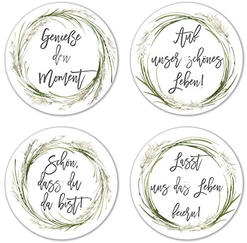 Interluxe LED Untersetzer RUND 4er Set - Pampasgras mit Sprüchen - Vier leuchtende Design Untersetzer als Tischdeko, Hochzeit, Geschenkidee