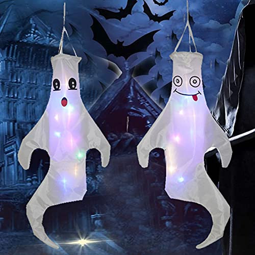 Morofme 2pcs 43Inch Halloween Ghost Windsocks Hanging Decorations with LED Light, Flag Wind Socks Halloween Ghost Décor for Yard Porch Indoor Outdoor Dead Tree Haunted House Scary Decor Party Supplies