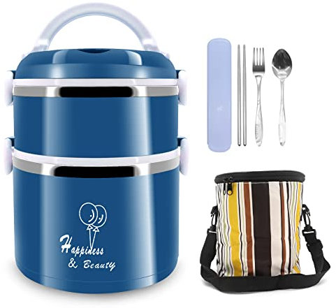 Beowanzk Bento Lunch Box Stackable, 2 Tier Bento Box, 1700ml Containers for Adults and Kids, Portable Stackable Lunch Box with Insulated Bag (Blue)