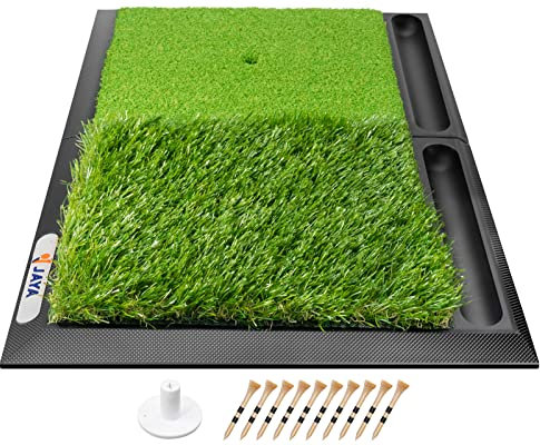 JAYA Golf Hitting Mat with Ball Tray, Heavy Rubber Base, Fairway & Rough Turf Golf Training Mat, Golf Tees and Rubber Tee Holder Included, Portable Golf Practice Mat for Indoor and Outdoor