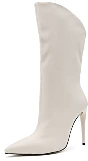 QUEEN HELENA Stivaletti a Punta con Tacco a Spillo Zip Laterale Stivali Casual Donna K2091 (Beige Pu, numeric_36)