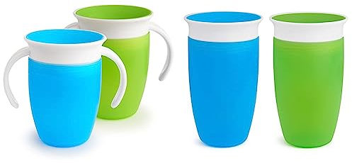 Munchkin Miracle 360 Vaso antiderrames, azul/verde, 296 ml, pack de 2 & Miracle 360 Vaso Aprendizaje Bebe Antiderrames, Azul/Verde, 207 ml, 2 Paquetes